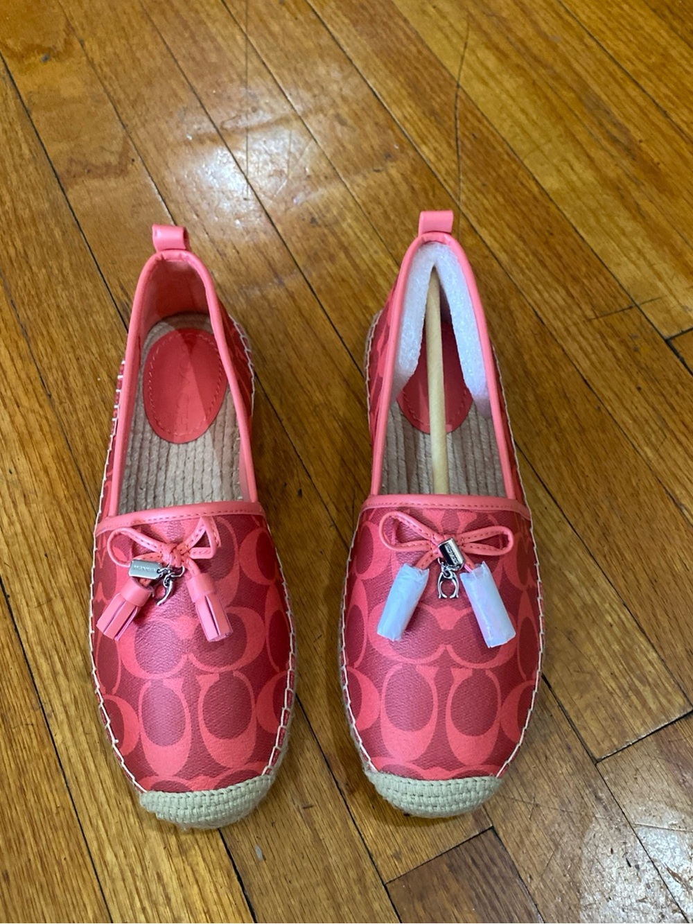 Coach Carson Espadrilles in a bright coral pink signature jacquard fabric Size